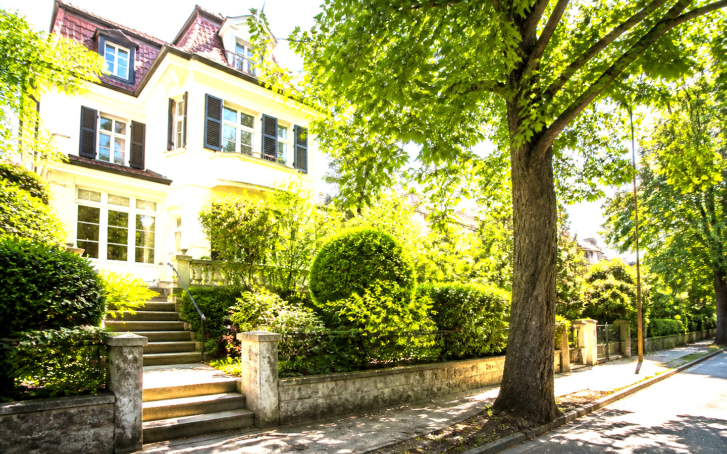 Symbolbild einer Villa mit Garten an einer baumbestandenen Straße